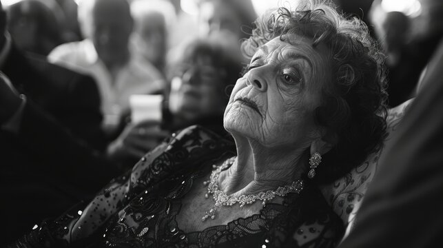 An elderly woman in formal attire adorned with jewelry is seen in a black and white image surrounded by other individuals, reflecting a moment of contemplation