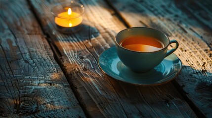 A cozy evening with a warm cup of tea and a glowing candle on a rustic wooden table, creating a serene and peaceful ambiance.