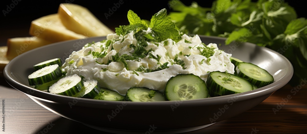 Wall mural fresh green vegetables spinach and cottage cheese with cucumber and yogurt in a bowl on white, healthy diet food