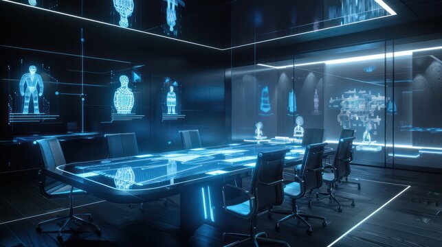 futuristic virtual meeting room with interactive holograms of each participant, creating a 3D conference experience