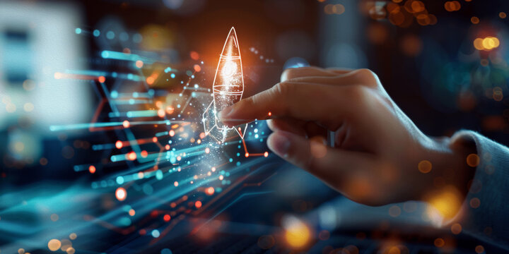 Launching into the Future: A hand ignites a holographic rocket formed from data points, symbolizing digital innovation and technological advancement.