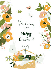 Vector Cartoon Easter illustration with rabbits, flowers and easter eggs