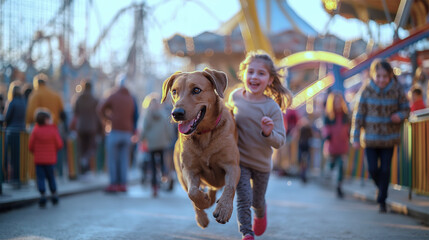 Excited girl and German Shorthaired Pointer running through amusement park on a sunny day
