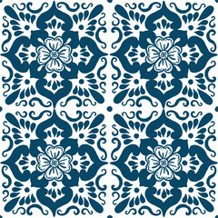 Vector seamless pattern of hand-painted traditional illustrations with blue Mediterranean tiles on a white background. This design can be used for such as printing and would look great as a backdrop.