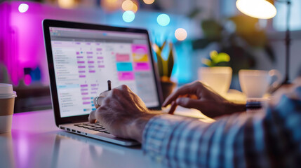 Late Night Productivity: A close-up shot of a person's hands working on a laptop in a dimly lit room, with colorful lights creating a cozy atmosphere. 