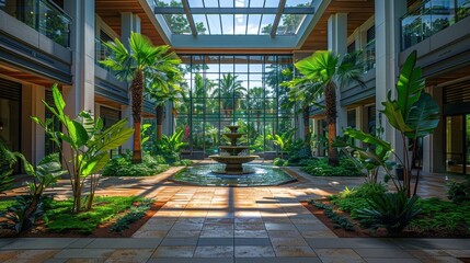 A modern indoor garden atrium featuring lush tropical plants, a central water fountain, and large glass ceiling allowing abundant natural light