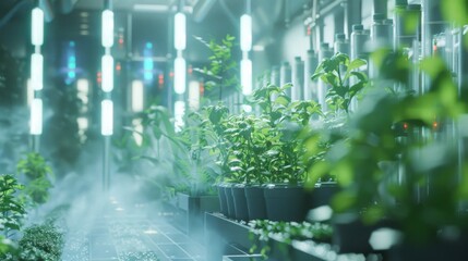 Fototapeta premium Rows of plants grow under artificial lighting in a controlled environment. The mist in the air adds to the ethereal, futuristic atmosphere.