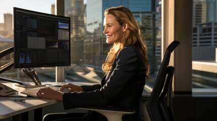 Smiling Businesswoman Analyzing Financial Data Modern Office Cityscape Confident