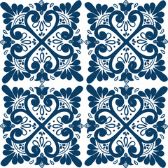 Vector seamless pattern of blue Mediterranean tiles with hand-painted traditional illustrations on a white backdrop. This design can be used for such as printing and would look great as a background.