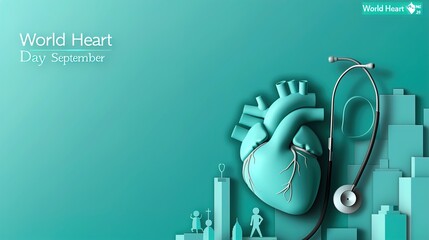 World Heart Day concept, heart with a stethoscope and many people in the city, paper illustration, and 3d paper.vector