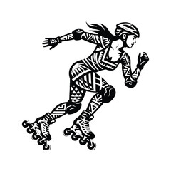 Fototapeta premium Inline Skating female player in ethnic polynesia pattern illustration, emblem shield badge
