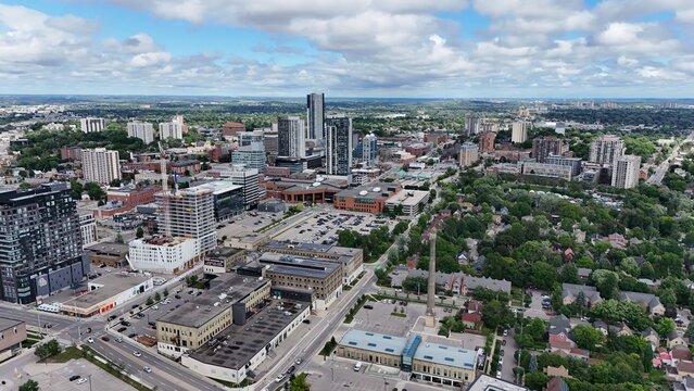 Aerial view of the urban cityscape of Waterloo, Ontario, Canada on a sunny day