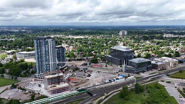 Aerial view of Mike & Ophelia Lazaridis Quantum-Nano Centre (QNC) in Waterloo, Ontario, Canada