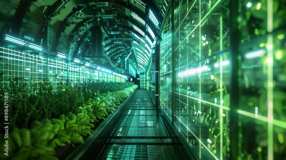 Poster a green-lit indoor vertical farm with rows of plants growing in a controlled environment.
