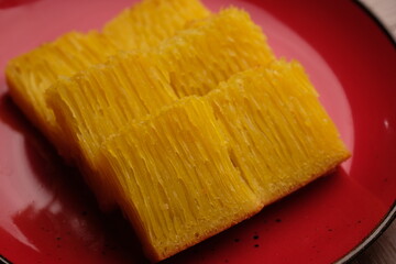 Bika Ambon is a traditional cake from Medan, Indonesia. This cake is made from ingredients such as tapioca flour, eggs, sugar, and coconut milk. Indonesian food.
