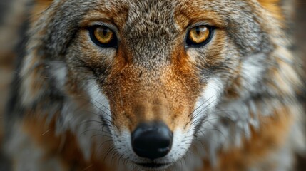 Fototapeta premium Wild coyote with bright yellow eyes stares intensely, showcasing its cunning and sharp focus in its natural habitat. Brown and gray fur add to its intimidating presence