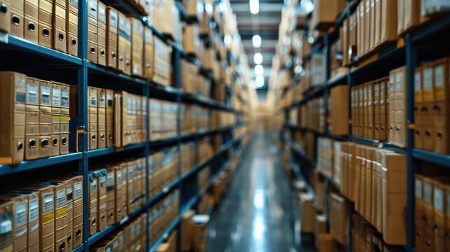 A well-organized archive storage filled with numerous shelves of brown file boxes arranged in parallel rows inside a large, brightly lit warehouse