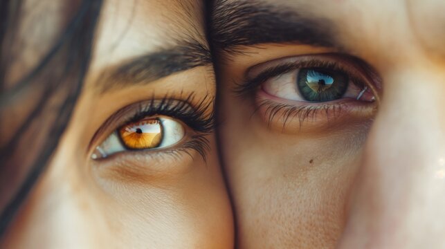 A close-up woman and man, young couple's different collor eyes, leaning heads, faces. Boyfriend girlfriend strong love connection, romantic bonding, happy relationship, romance honeymoon, family care