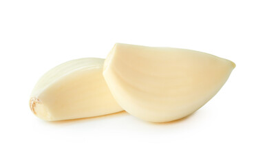 Front view of peeled white garlic cloves in stack isolated on white background with clipping path