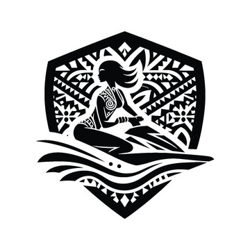 recommend clip art: Jet Skiing  female player in ethnic polynesia pattern illustration, emblem shield badge