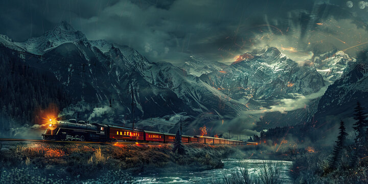 Ghost Train of the Mountains: An ethereal image of a train passing through a mountain landscape at night.