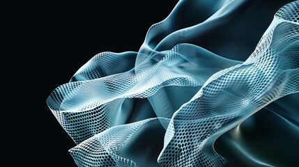 Abstract blue wavy mesh structure flowing on black background