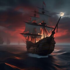 ship in the sea at sunset