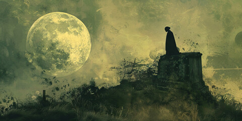 Ominous Chill of the Night: A lone figure stands by a weathered tomb, as the full moon casts an eerie glow.