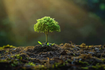Young green tree under sunlight on fertile soil, symbolizing new life, growth, nature, and environmental sustainability in tranquil forest setting.