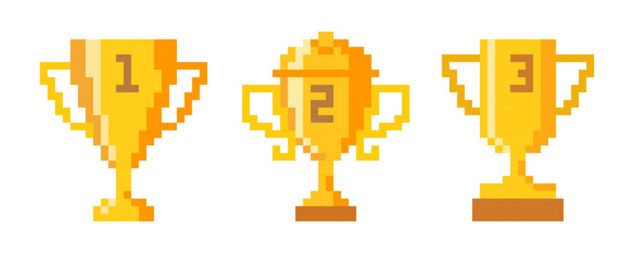 Golden pixel trophy cup isolated on white background. Symbol of Victory. Flat design. Vector illustration.
