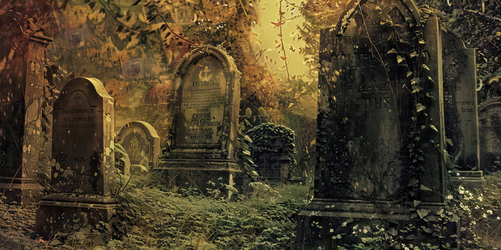 Forgotten Souls of the Graveyard: Tombstones jutting out from the earth, overgrown with ivy and moss.
