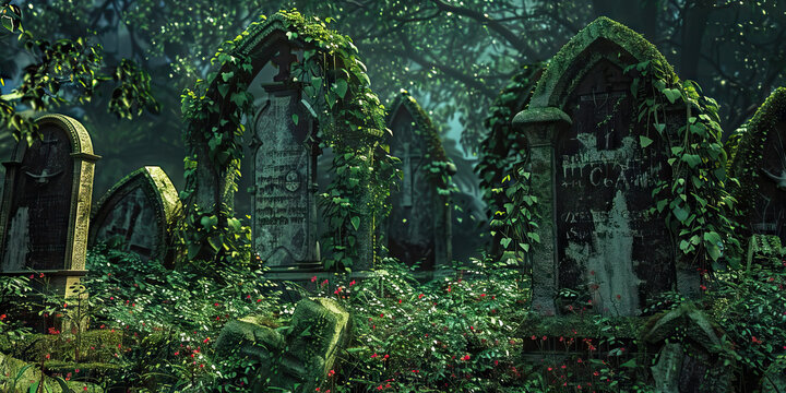Forgotten Souls of the Graveyard: Tombstones jutting out from the earth, overgrown with ivy and moss.
