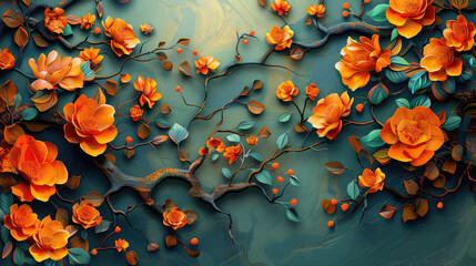Elegant colorful with vibrant flower hanging branches illustration background. Bright color 3d abstraction wallpaper for interior mural, Generated by AI	