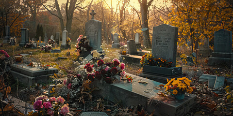 Fototapeta premium Cemetery of Lost Love: Tombstones adorned with flowers and mementos, left behind by loved ones.