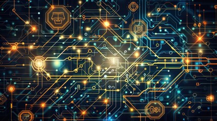 Fototapeta premium Textured background with circuit board patterns and data analytics symbols overlaid. 