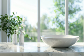 Fototapeta premium Bright, modern bathroom with white ceramic sink, marble countertop, close-up, green plant decor, sunny day, large window, clean minimalist interior design.