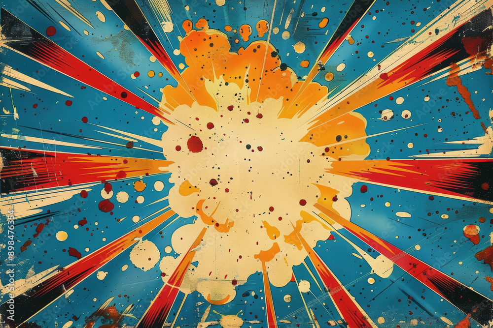 Wall mural abstract explosion artwork with colorful splashes and striking lines on a blue background. vibrant a