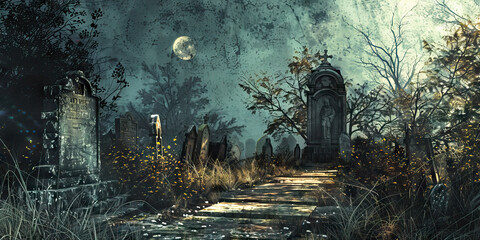 A lone pathway winding through the graveyard, leading to a crumbling mausoleum.