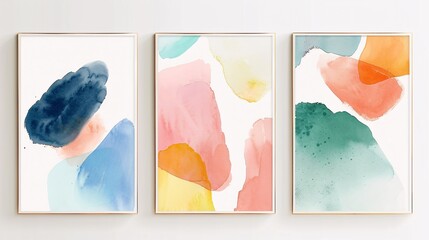 A set of three modern minimalistic abstract art posters with watercolor designs, displayed side by side on a white wall. Each poster includes bold and subtle watercolor shapes in vibrant and muted
