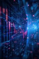 Abstract digital data visualization with glowing graphs and binary code in a futuristic, high-tech environment. Ideal for technology or finance.