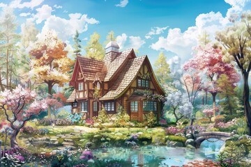 Obraz premium Charming cottage surrounded by colorful flowers and trees, near a serene pond with a small bridge, under a bright blue sky.