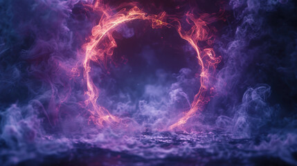 Mystical circular flame portal surrounded by vibrant smoke and fog, creating an enchanting and mysterious effect against a dark background.
