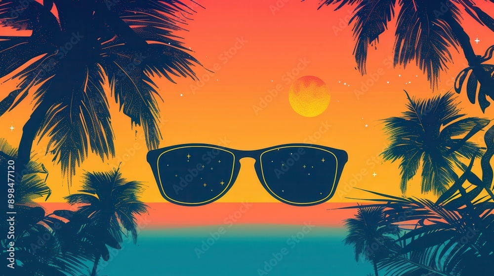 Aufkleber a pair of sunglasses sits in front of a sunset sky with palm trees on either side, reflecting the sk