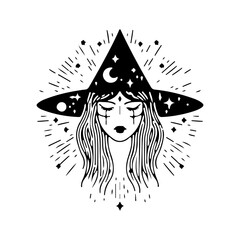 Witch Silhouette, astrology magical tattoo esoteric mystical celestial Vector illustration tattoo design.