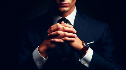 Businessman man folding hands, no face, isolated on black background