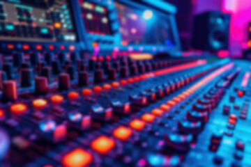 Obraz premium Close-up of a vibrant sound mixing board in a dimly lit recording studio, displaying an array of glowing buttons and switches, creating an artistic vibe.