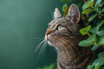 Fototapeta premium Beautiful tabby cat gazing attentively at something with a green background and leaves, showcasing its whiskers and striped fur.