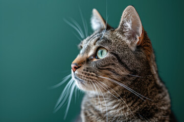 Close-up shot of a domestic tabby cat with green eyes against a teal background, showcasing its whiskers and fur in detail.