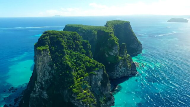 View from the dran, flight over tropical islands with green jungles and white beaches and clear blue waters.
Concept: exotic vacation and ecotourism