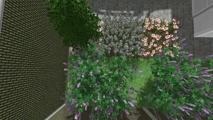 3d image of the landscape design of the home territory. Landscaping of the territory. Computer visualization of composite landscaping and landscaping solutions.